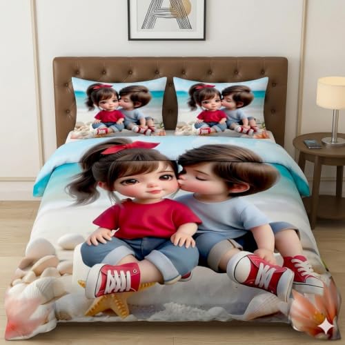 Image of 7D Digital Print King Size Bedsheet (90x100 Inches) | Extra Soft & Heavy Fabric | Rich Colors | 2 Jumbo Pillow Covers 17x27 inches Included (Kids Kiss)