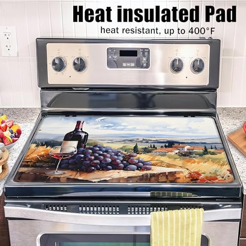 Image of Electric Stove Top Cover,Grape Wine Bottle Stove Cover for Glass Top Electric Stove,Rustic Country Heat Resistant Flat Top Stove Mat Countertop Protector, 28 x 20 Inch