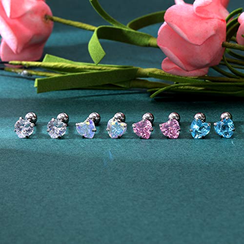 Zs 4 Pairs Shiny Cubic Zirconia Surgical Steel Stud Earrings Tragus Helix Conch Piercing Cartilage Sets (Heart,Stone:3Mm) #TOP2