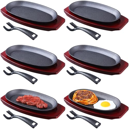 Comparison: Best Cast Iron Steak Plate 4 Mifoci 6 Pieces Oval Cast Iron Fajita Skillet Pan Set Small Sizzling Steak Plate with Wooden Base and Handle Cast Iron Fajita Skillet Sizzling Plate for Home Restaurant Barbecue Wedding Holiday Party