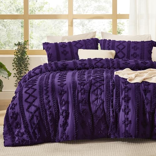 Bedsure Tufted Boho Comforter Set Full Size - Purple Boho Bed Set, GentleSoft™ 3 Pieces Farmhouse Shabby Chic Embroidery Bedding, Gifts for Woman, Soft Jacquard Full Comforter for All Seasons