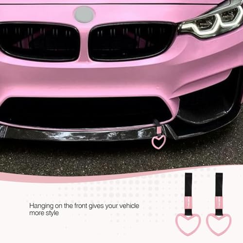 Image of 2PCS Heart Shaped Car Handle Straps, Rear Bumper Warning Keychain Ring with Drift Charm for Car Exterior Interior Accessories (Pink)