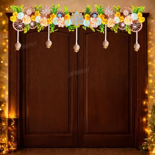 Image of Divyakosh Handmade Flower Toran for Door 40 Inch | Lotus Floral Bandhanwar with Hanging Beads | Door Hanging for Home Entrance | Diwali, Wedding, Festive Decoration | Traditional Indian Wall Decor