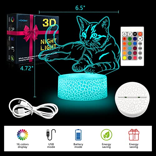 Image of i-CHONY Cat Gift 3D Illusion Lamp,Cute LED Night Light,with Remote & Smart Touch 16 Colors Bedroom Decorations Bedside Lamp - Cat Love Gift for Women Teens Girls Kids Birthday Christmas