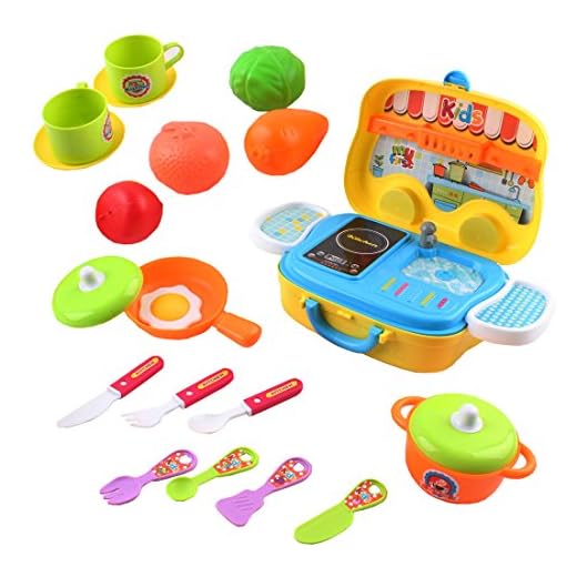 deAO Cocinita de Juguete Playset en Maletín con Accesorios Incluidos (Amarillo)