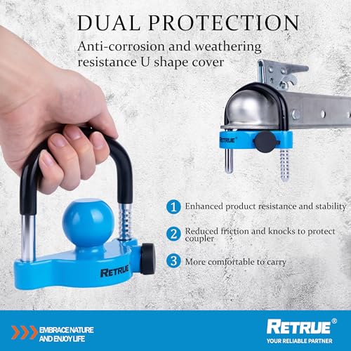 Image of RETRUE Universal Trailer Ball Lock Hitch Coupler Locks Fits 1-7 /8 Inch, 2 Inch, 2-5 /16 Inch Couplers Adjustable Security with Weatherproof Cover and Cap, Blue