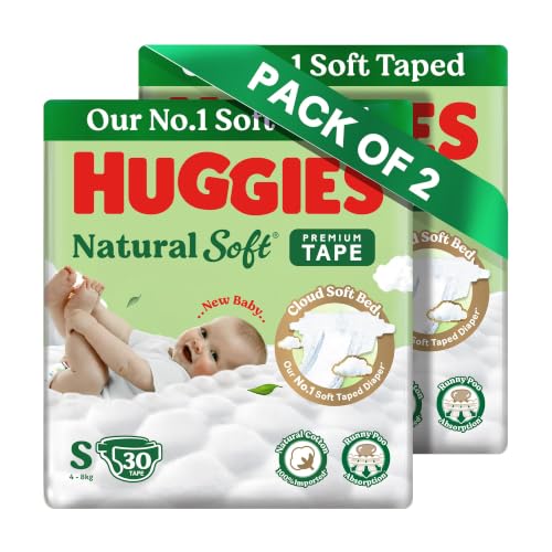 Image of Huggies Natural Soft Premium Tape Diapers Small (S) Size, 4-8 kgs, 60 Count | Our No.1 Soft Taped Diaper with Cloud Soft Bed and Runny Poo Absorption