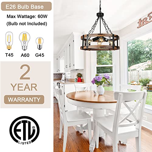Voguad Farmhouse Rustic Wood Chandelier, 4-Light Industrial Drum Chandelier For Dining Room Vintage Pendant Hanging Light Fixture With Black Metal Accent For Kitchen Living Room Dining Area thumb #1