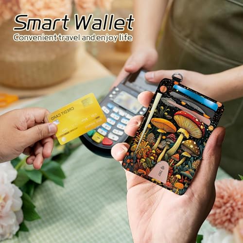 Image of Small Travel Wallets, Magic Colorful Mushrooms Slim Minimalist Front Pocket Wallet with Wristlet, RFID Blocking PU Leather Credit Card Holder with ID Window Change Purse for Men Women