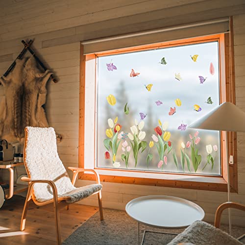 5 Sheets Window Cling Sticker, Tulip Butterfly Flower Window Decal Beautiful Static Electricity Spring Summer Window Cling Sticker For Family Party Supplies Shop Window Glass Display Decoration #TOP5