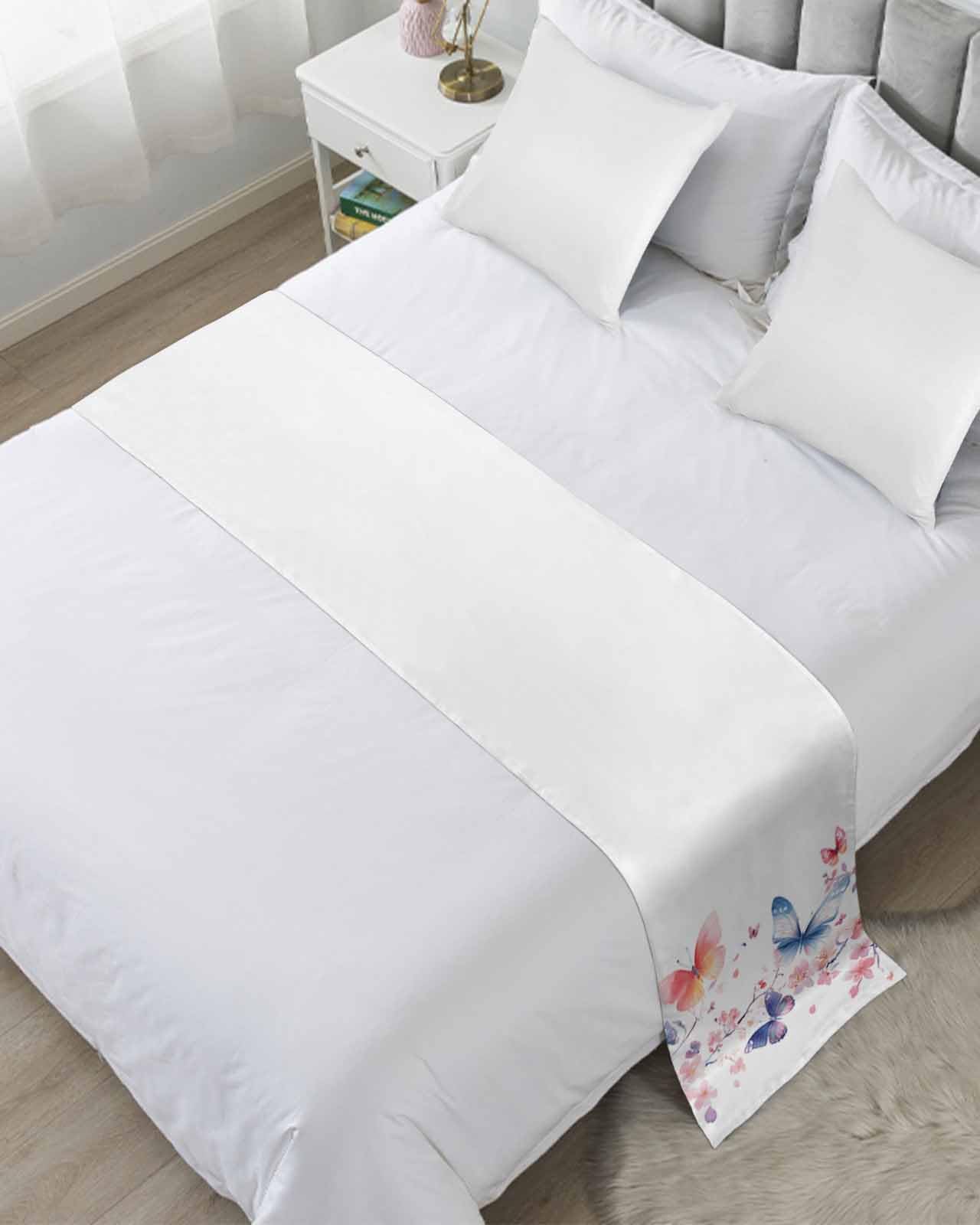 Ldtrchee Bed Runner for Twin Size Bed, Butterfly Flowers Decorative Scarf Throws for Foot of Bed, Watercolor Pastoral Spring Plants Luxury Bedding Protector Slipcover for Hotel/Home, 71 x 20 Inch