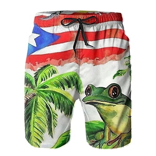 Mens Swim Trunks Puerto Rico Flag Frog Swimming Trunks Vintage American Flag Board Shorts Summer Quick Dry Surf Beach Shorts (S, Black) #TOP1