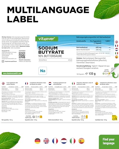 vit4ever Sodium Butyrate - 180 Kapseln mit 600 mg - Premium: 90% Buttersäure - Reines Natriumbutyrat ohne unerwünschte Zusätze - Hochdosiert - Vegan