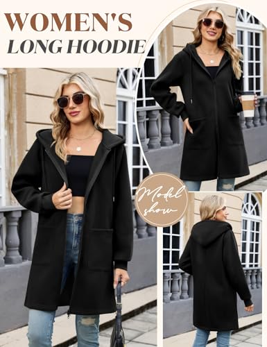 Vancavoo Zip up Hoodie Women Longline Fall Jackets Ladies Fleece Sweatshirts Casual Long Sleeve Jacket Loose Hooded Coat Outwear with Pockets,Black,M - Image 3