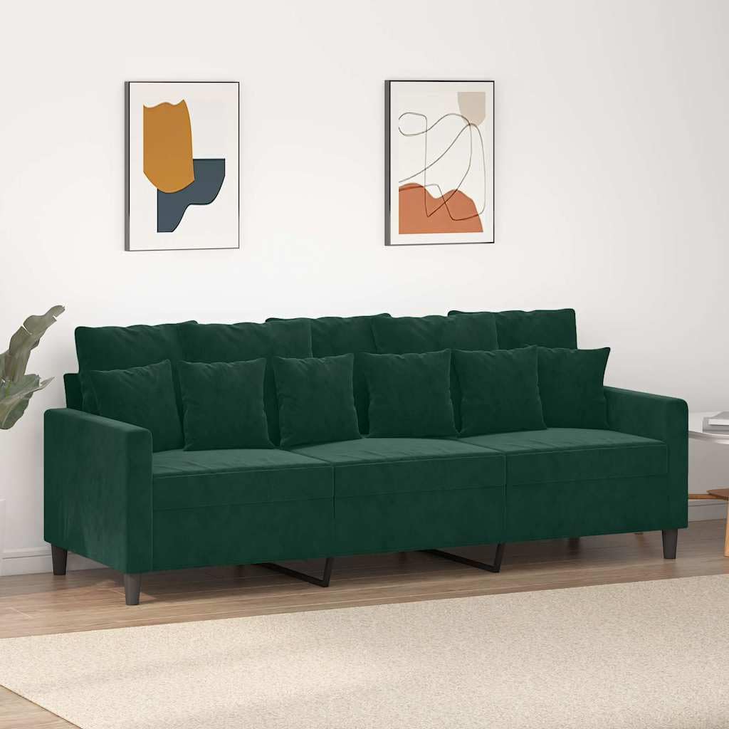 Divano a 3 Posti in Velluto Verde Scuro 198 cm per Soggiorno | Elegante imbottitura con telaio in metallo stabile e morbido rivestimento per arredare il salotto con stile.