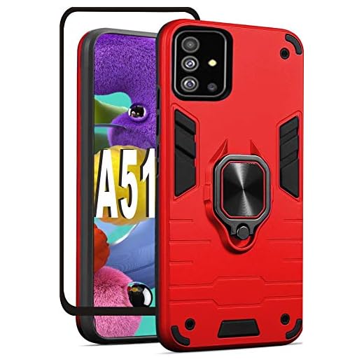 Samsung A51 Case, Samsung Galaxy A51 Case, with Screen Protector, HNHYGETE Hard Back Cover,Rubber Bumper Hybrid,with 360 Rotation Ring Holder Kickstand Cases for Samsung Galaxy A51 4G (Red)