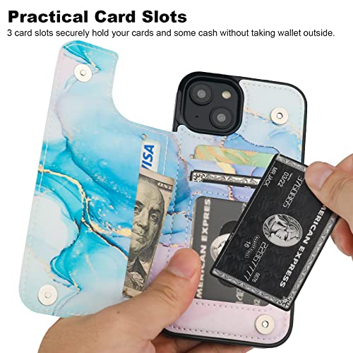 Image of HAOPINSH for iPhone 13 Case Wallet with Card Holder, Pink Blue Marble Pattern Back Flip Folio PU Leather Kickstand Card Slots Case for Women Girls, Double Magnetic Clasp Shockproof Cover 6.1 inch
