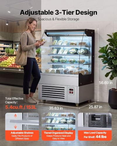 Image of VEVOR Open Air Merchandiser, 5.4 cu. ft. 3-Tier Shelving Commercial Refrigerator, Grab and Go Fan Cooling Display Cooler, with LED Lighting, Night Curtain, Upright for Restaurants, Stores, Office