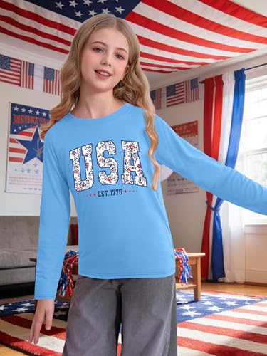 Image of Ithalt 4th of July Outfit Kids Girls American T Shirt USA T-Shirt Fourth of July Tops Patriotic Long Sleeve Tops