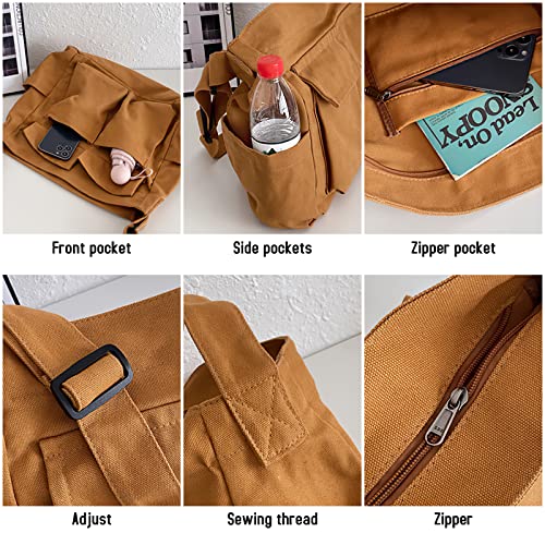 Image of LassZone Canvas Messenger Bag Large Crossbody Bag Hobo Shoulder Handbags Multi Pocket Denim Tote Bag for Women or Men