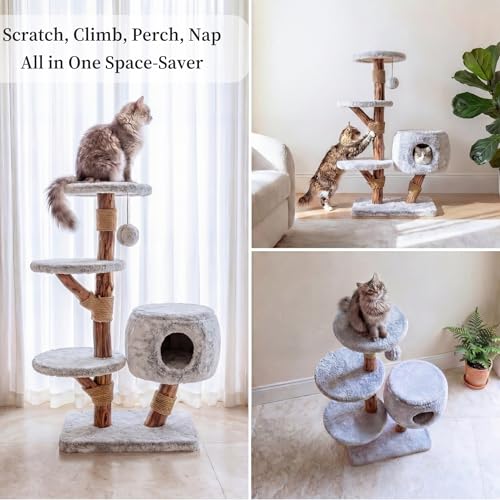 Torre moderna para gatos con rascador y cama de madera miniatura 4