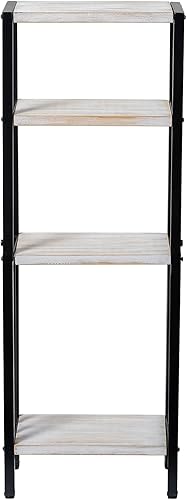 Miniatura 6 de MyGift Estante de pie de 4 niveles de madera maciza lavada de color blanco desgastado y metal negro mate, estante decorativo rectangular para