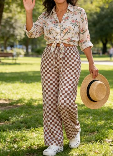 Image of Women's Casual Checkered Pants Drawstring Elastic Waist Comfy Loose Straight Wide Leg Plaid Pants with Pockets