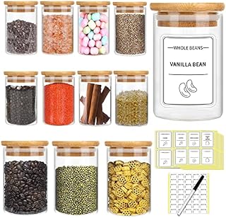 Luvan Spice Jars with Lids 12 Pcs , Glass Jars Set with Bamboo Wood Lids, Glass Spice Jars with 148 Pre-printed Minimalistic Spice Labels,Jars with Lids Airtight for Kitchen, Sugar, Coffee - 300ml