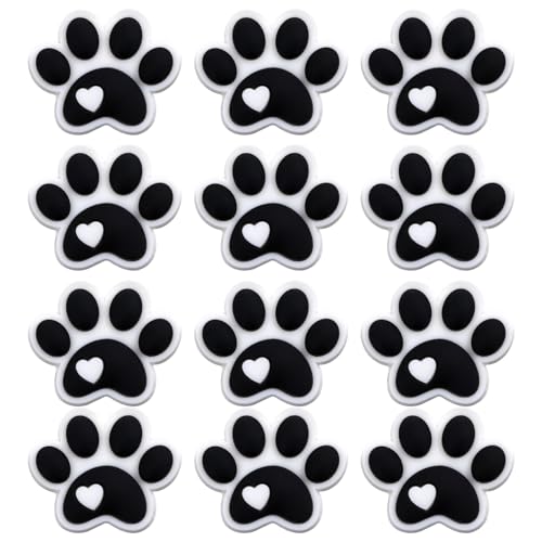 Mabor 12Pcs Dog Paw Print Beads for Beadable Pens, Beaded Pen Charms Keychain Making Supplies, Black Puppy Paw Silicone Focal Beads with Heart for DIY Crafts