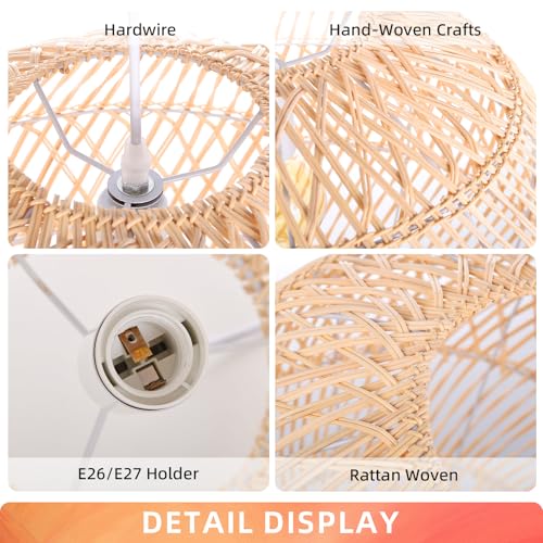 Arturesthome 19.68" Natural Rattan Pendant Light,Woven Round Chandelier Pendant Lamp Shade,Hanging Ceiling Light, Handmade Lampshade for Kitchen Island Dining Room - Image 7