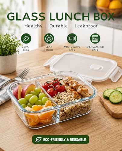 Image of Slim Borosilicate Glass Two Compartment Lunch Box | Leakproof Silicone Seal | Heat Resistant | Great for Office & Outdoor Activities | Best for Storing Leftovers (1 LTR | Clear)