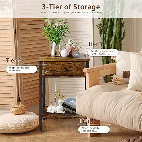 Vongrasig Nightstand With Wooden Drawer And Storage Shelf, Narrow Side Table For Small Spaces With Industrial Steel Frame, Modern Bedside End Tables With Drawer For Bedroom, Living Room, Rustic Brown #TOP5