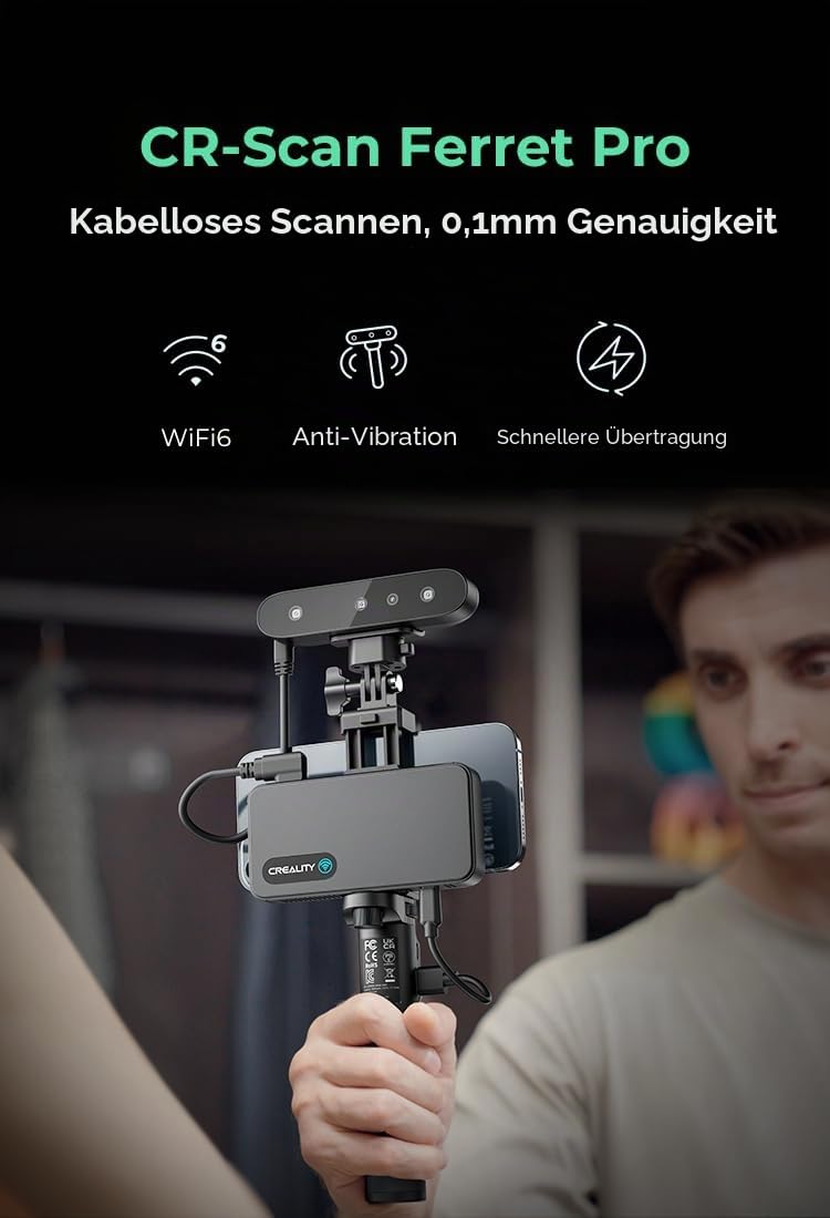 Creality CR Scan Ferret Pro 3D Scanner, 0,1mm Genauigkeit, Anti-Shake-Tracking, Portable Handheld 3D-Scanner WiFi6 für IOS/Android Phone PC Win 10/11, 24-Bit-Vollfarbscannen