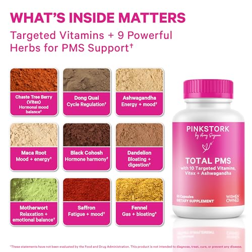 Pink Stork PMS Supplement for Women - Vitex, Ashwagandha, Maca Root & 10 Vitamins & Minerals to Support Hormone Balance, Mood, Bloating, Period Regularity - 60 Capsules - Image 3
