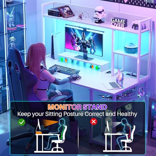 Image of Cyclysio Gaming Desk with Hutch, 47'' Computer Desk with LED Lights & Power Outlets, Home Office Desk with Reversible 5 Tiers Storage Shelves & Monitor Stand, Small Gaming Table for Small Space, White