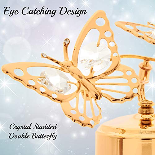 Matashi MTMB13621 24K Gold Plated Music Box with Crystal Studded Double Butterfly Figurine