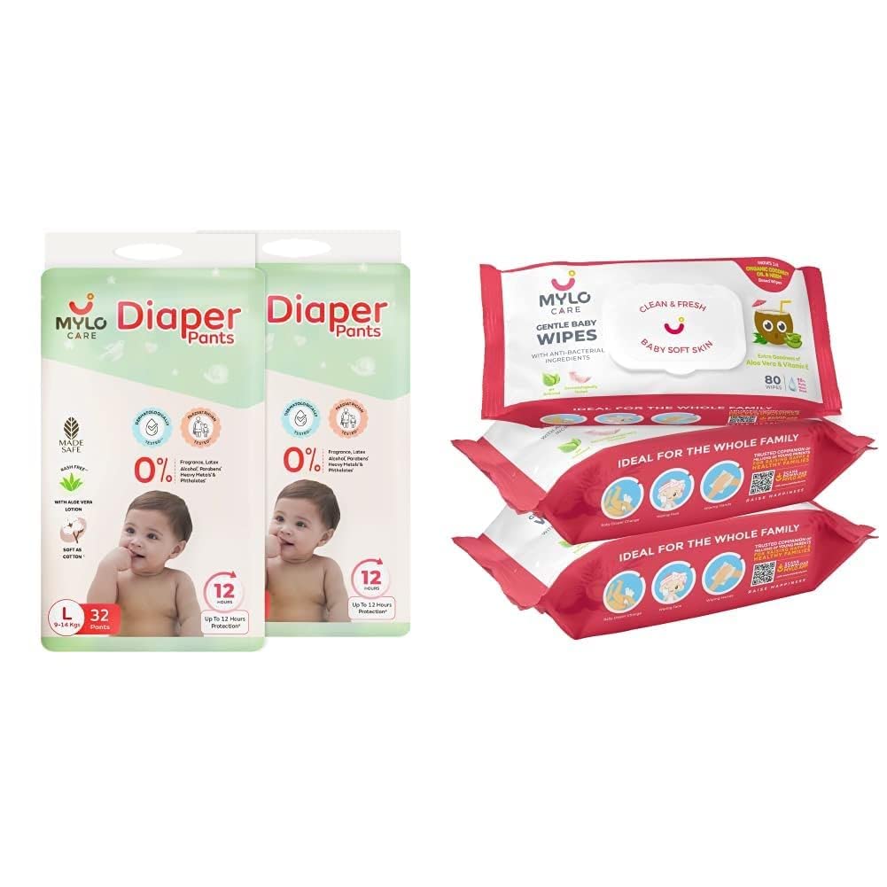 Mylo Care Disposable Diaper Pants & Baby Wipes Combo|Organic Coconut Oil & Neem|12 Hours Leak Protection|Chemical Free|Baby Essentials (Diaper (L)-64 Count, Wipes with lid Pack of 3)