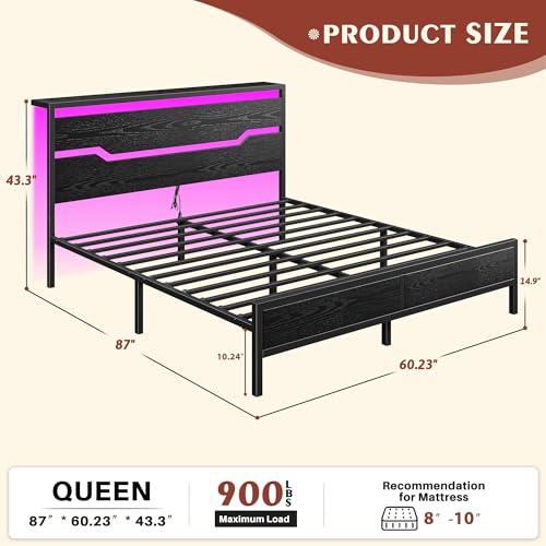 Image of Homkdom Queen Bed Frame with USB Ports & LED Lights, Headboard Shelf, Heavy Duty Metal Platform with 10.24 inch Underbed Storage, Noise-Free Slats, No Box Spring Needed, Modern Black
