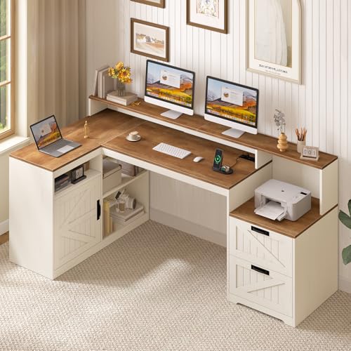 TVU Farmhouse L Shaped Desk with Drawers, 62.2' Home Office Desk with Storage Shelves and Power Outlet, L Shaped Computer Desk with Monitor Stand and Printer Shelf, Brown and White