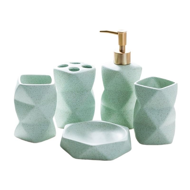 Juego Accesorios Baño Conjuntos de Accesorios baño, decoración, dispensador jabón cerámica, Soporte for Cepillo Dientes, Taza, Bandeja jabonera, Recipiente for Platos líquidos Cocina(Green-5pcs)