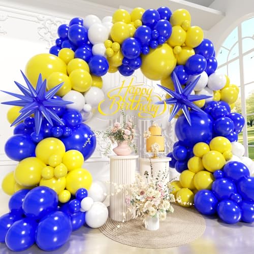 PityBlns Royal Blue and Yellow Balloons Arch Kit 166pcs with Star Royal Blue and Yellow White Balloon Garland Kit for Birthday Bridal Baby Shower 2026 Graduation Wedding Fathers Day Party Decor