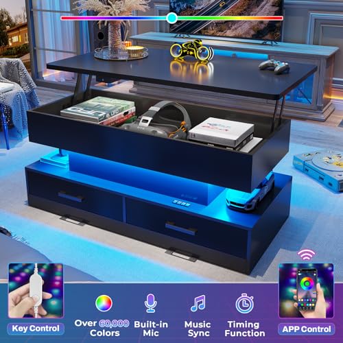 Sedeta 40 Inch Lift Top Coffee Table, Coffee Tables With Storage For Living Room, Small Coffee Table With 2 Fabric Drawers & Led Light For Dining Reception Room thumb #3