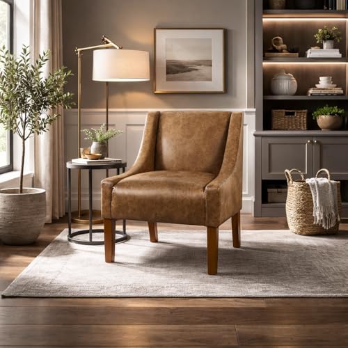 Image of HomePop Modern Swoop Arm Accent Chair - Distressed Brown Faux Leather