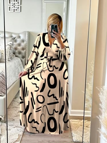 Image of Plus Size Women's 2 Piece Outfits Printed Casual Long Sleeve Wrap Crop Top Maxi Long Dress Flowy Matching Sets