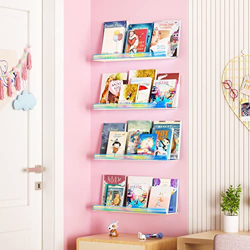 Image of upsimples 4 Pcs 15 inch Iridescent Acrylic Shelves for Wall Decor and Display | Cute Floating Shelf for Perfume, Skincare, Nail Polish, Wall Organizer for Bedroom, Living Room, Playroom, Room Decor
