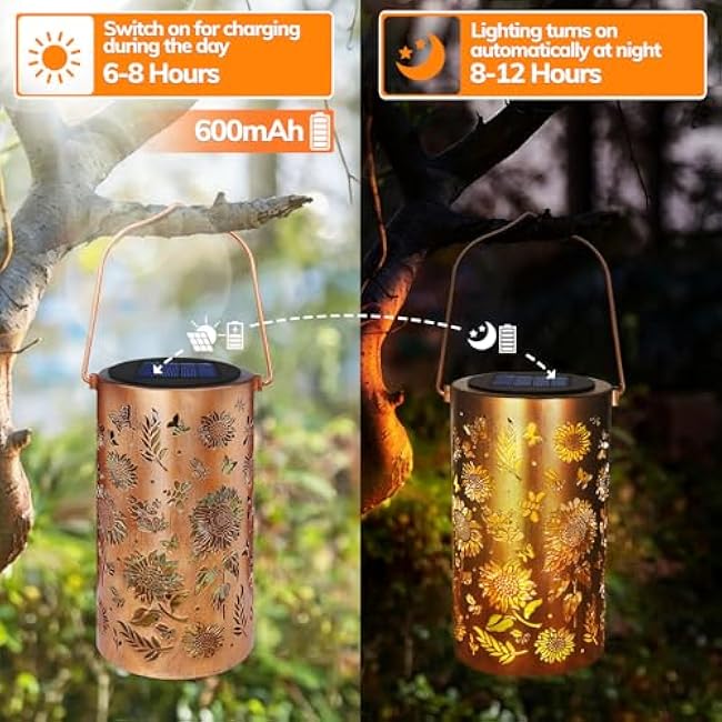 Sunflower Solar Lanterns Outdoor Waterproof, Metal Hanging Solar Lights Sunflower Lantern for Outdoor Porch Patio Yard Garden Decor, Sunflower Birthday Gifts for Women Mom