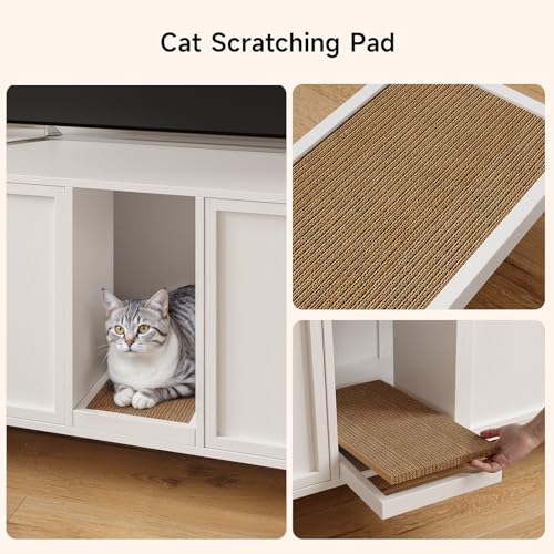Image of ONBRILL 63 Inches Cat Litter Box Enclosure for 2 Cats, Hidden Litter Boxes Furniture with Cat Scratch Pad, Large Indoor Pet House with Double Room, Wooden TV Stand Side Table, Off White
