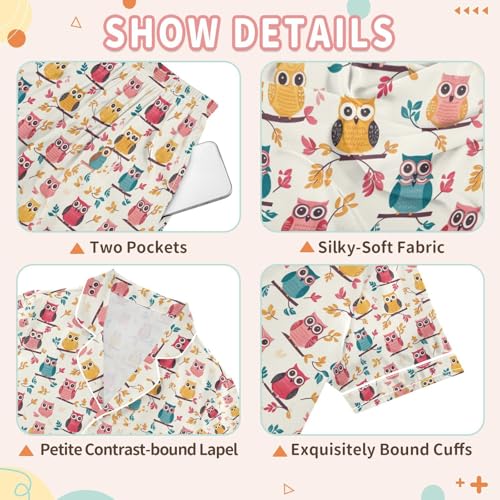 senya Many Colorful Owl Satin Summer Pajama Sets Silk Short Sleeve Button Down Sleepwear3
