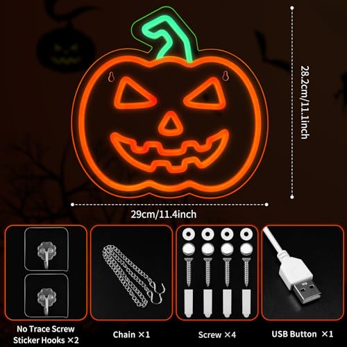 Image of MissAudrey Halloween Light Up Pumpkin Neon Sign, Neon Sign Halloween Window Hanging Lights, Green Orange Acrylic Thanksgiving Art Wall Fall Decor for Home Bedroom Bar Pub Club Party，5V USB Powered
