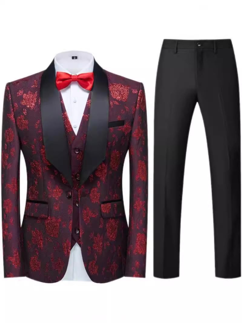 Męski 3-częściowy komplet garnituru Slim Fit z kołnierzem szalowym, żakardowa kamizelka i spodnie na wesele i do biznesu